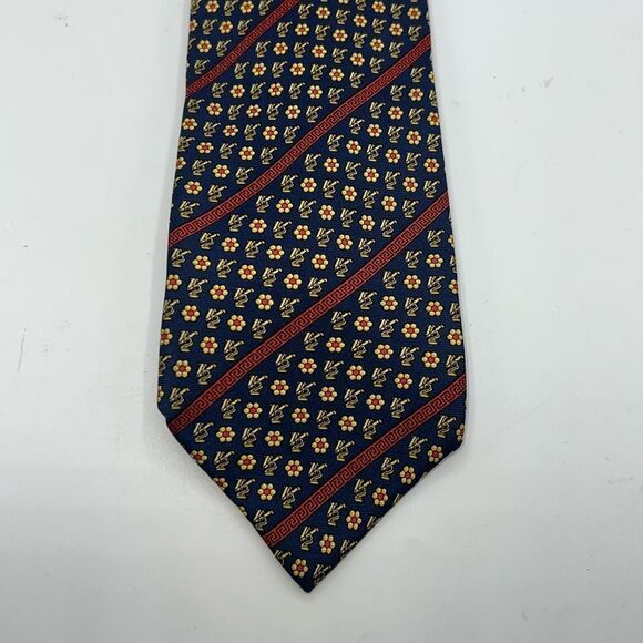 VERSACE CLASSIC V2 Navy Blue and Yellow Floral Pattern Silk Necktie - Picture 2 of 10
